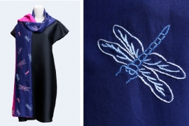 Silk scarf with hand embroidery of dragonfly